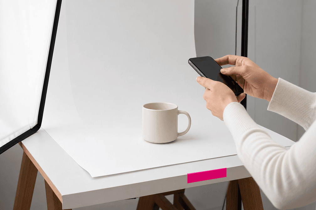 Hands photographing a generic ceramic product with a phone in a small studio